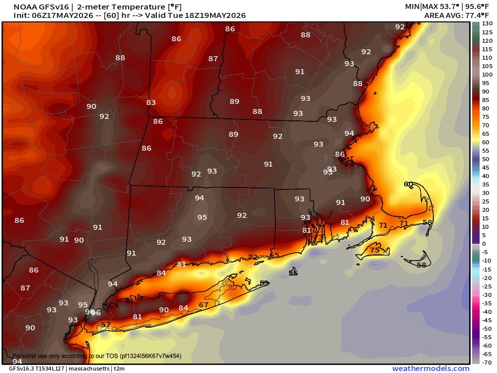 NOAA temperature forecast map showing record heat across New England Tuesday May 2026 — highs 90-95°F across Massachusetts and Connecticut